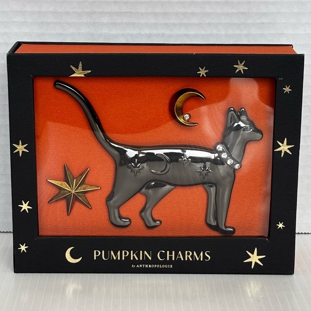 Anthropologie Halloween Black Cat Pumpkin Pin Charms - New